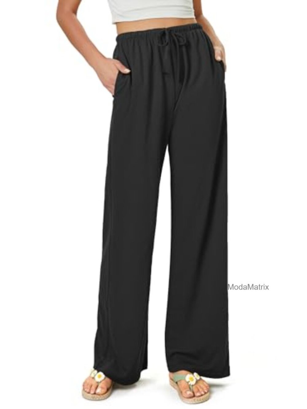 Flowy Palazzo Pants Wide Leg High Waisted Drawstring 2 Pockets Lightweight
